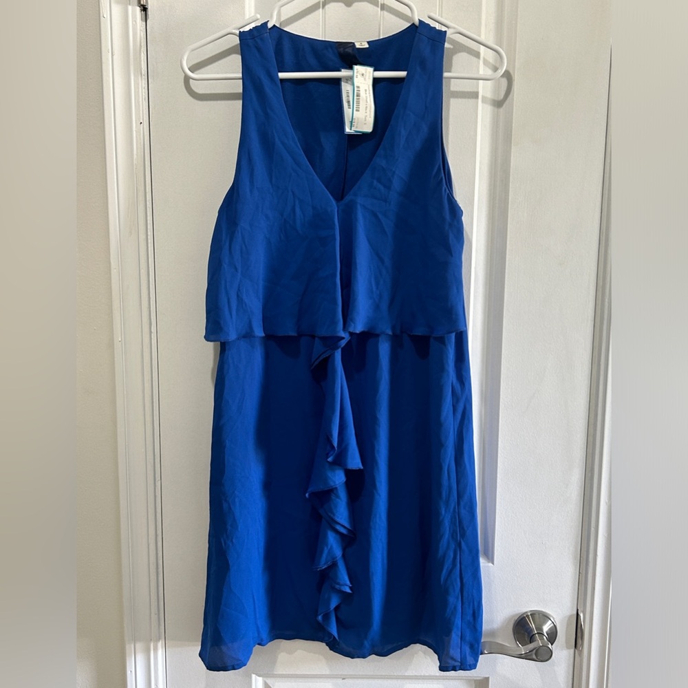 NWT Cobalt Bright Blue sleeveless dress with flowing ruffles down the front